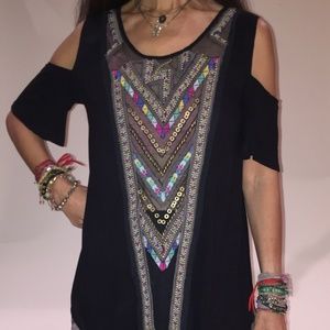 FP cold shoulder tunic w/ embroidery & beads